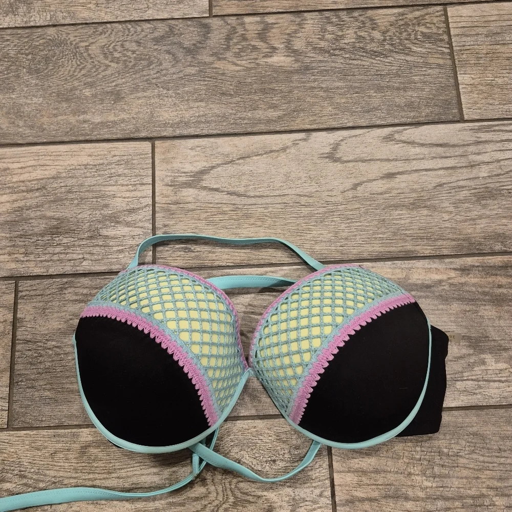 Shade & Shore Crochet Fishnet Underwire Bikini Top 38DD Teal Pink Boho Neon - Picture 2 of 4